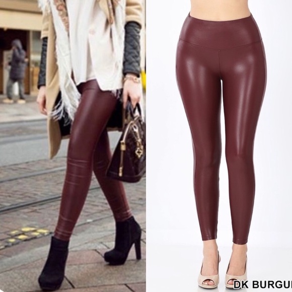 Maroon Vegan Leather Leggings - Picture 2 of 4